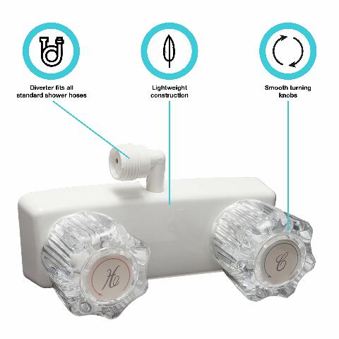 Dura Faucet DF-SA100A1-WT RV Shower Faucet Valve Diverter with 2-Knobs Compatible with Exterior Shower Boxes (White)