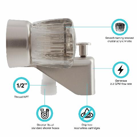 Dura Faucet DF-SA110S-SN RV Tub & Shower Faucet Valve Diverter with Smoked Acrylic Knobs (Brushed Satin Nickel)