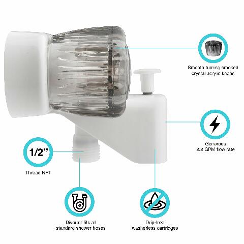 Dura Faucet DF-SA110S-WT RV Tub & Shower Faucet Valve Diverter with Smoked Acrylic Knobs (White)