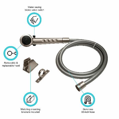 Dura Faucet DF-SA130-SN Economical Shower Head Hose Kit - Handheld Replacement RV Shower Head Wand - Universal Water Saving Shower Head with Flow Control Trickle Switch (Brushed Satin Nickel)