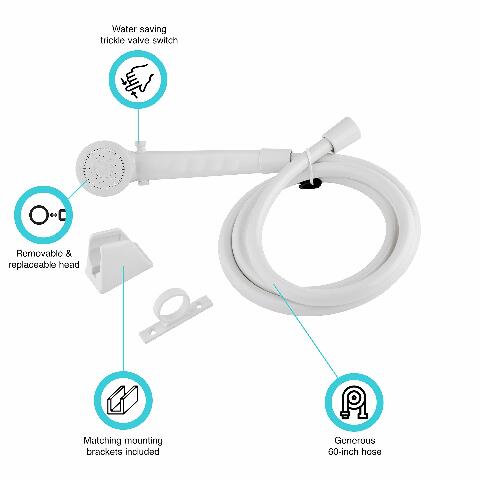 Dura Faucet DF-SA130-WT RV Economical Shower Head and 60-inch Hose Kit - Water-Saving Trickle Switch (White)