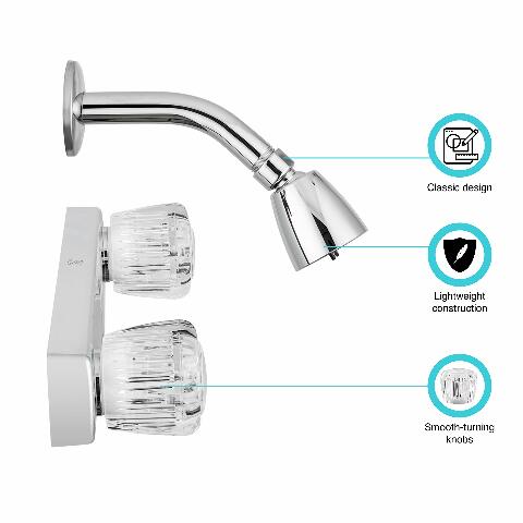 Dura Faucet Economical Shower Faucet with Classic Clear Acrylic Knobs and Shower Head (Chrome Polished)