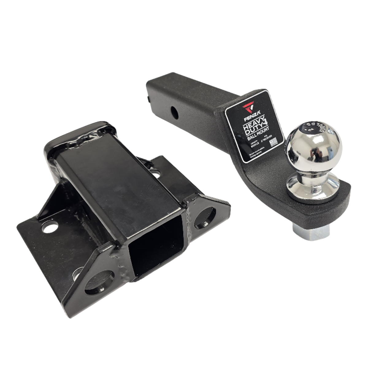 Close-up of Fenza heavy-duty hitch receiver and drop ball mount