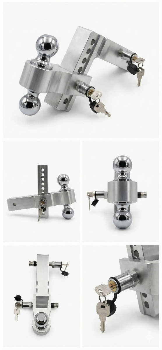 Fenza Adjustable Trailer Hitch Aluminum Dual Ball Mount with 6-Inch Drop/Rise, 14,000 lbs GTW and Stainless Steel Locks | Heavy-Duty Tow Hitch with Hitch Pin for 2-Inch Receiver – Premium Adjustable Towing System