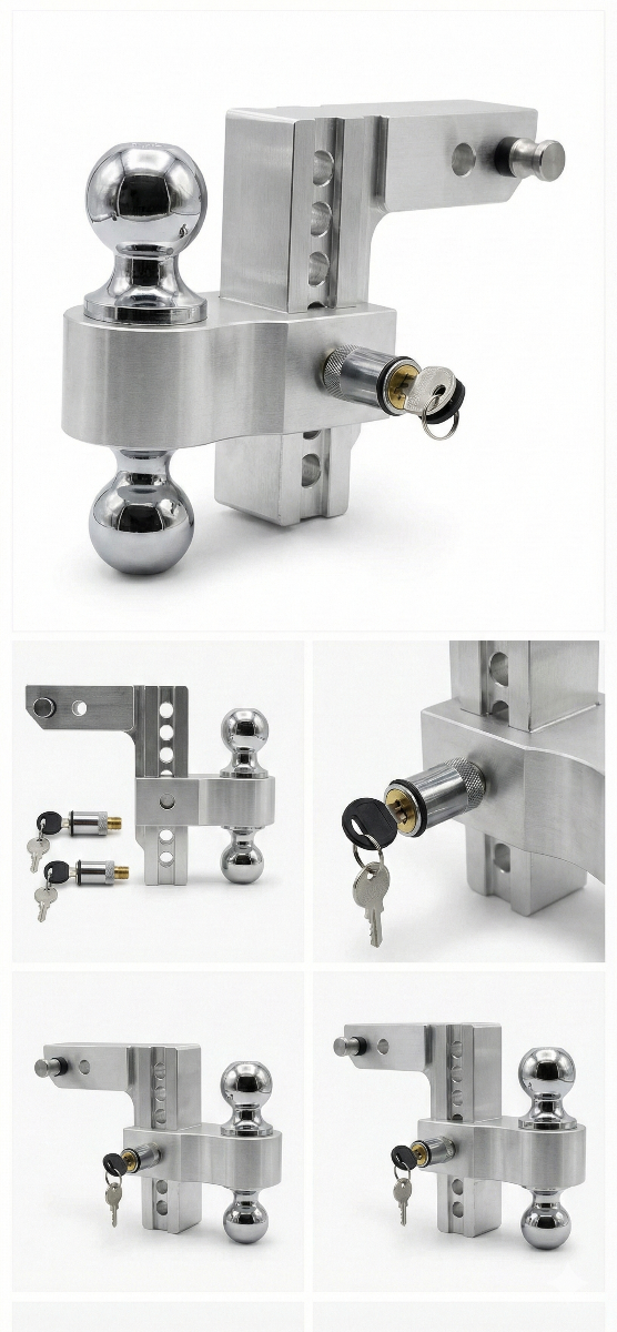 Fenza Adjustable Trailer Hitch Aluminum Dual Ball Mount with 6-Inch Drop/Rise, 14,000 lbs GTW and Stainless Steel Locks | Heavy-Duty Tow Hitch with Hitch Pin for 2-Inch Receiver – Premium Adjustable Towing System