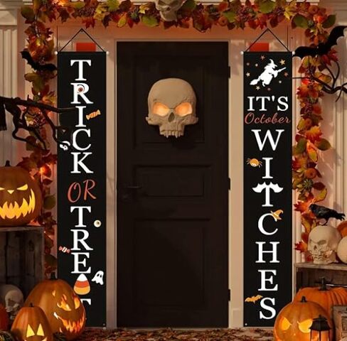 Fenza 2 Pieces Halloween Decorations Outdoor Indoor, Welcome Banners Porch Signs For Front Door Outside Yard Garland Party Supplies Theme Party