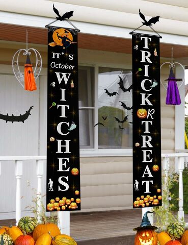 Fenza 2 Pieces Halloween Decorations Outdoor Indoor, Welcome Banners Porch Signs For Front Door Outside Yard Garland Party Supplies Theme Party