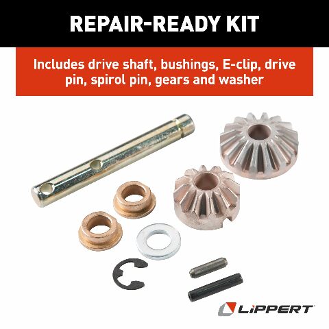 Lippert Power Landing Gear Repair Kit Compatible with 5th Wheel RV Follow Leg, Easy DIY Installation, Replacement Hardware, Drive Shaft, Bushings, E-clips, Pins, Gears, Washer - 146060