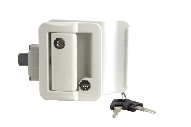Lippert Global Entry Door Latch Kit with Deadbolt, Keyed Lock, Two FIC Keys, Edge Cover Plate, Strike Plate, Mounting Screws Compatible with Travel Trailers - 239632, White
