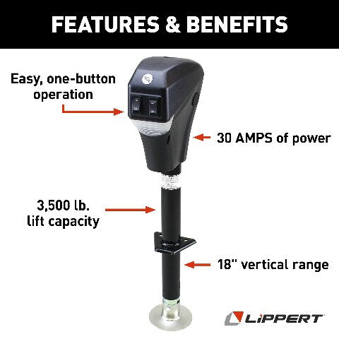 Lippert Power Tongue Jack Electric Trailer A-Frame, 3,500 lbs. 18-Inch Stroke, 5.4-Inch Foot Pad, Durable Textured Casing, Emergency Manual Crank Override, 10.75" Retracted, 28.75" Extended - 285318