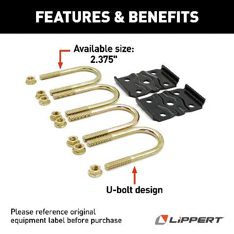 Lippert Components Replacement Axle Mounting Kit with 2.38" Tube and U-bolt Design Compatible with RV Travel Trailer Suspension Systems - 297427