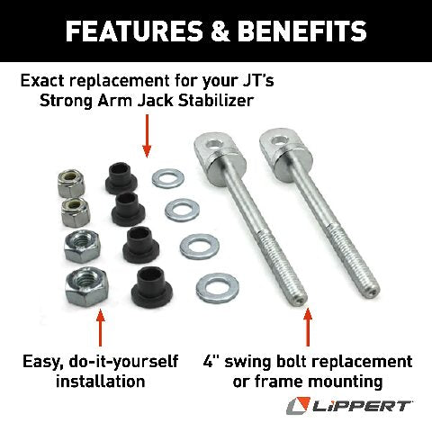 JT's Strong Arm Replacement RV Jack Stabilizer 4" Swing Bolt Kit with 2 Swing Bolts, 4 Washers, 2 Nuts, Ensures Secure, Stable RV Leveling, Easy Installation - 314596