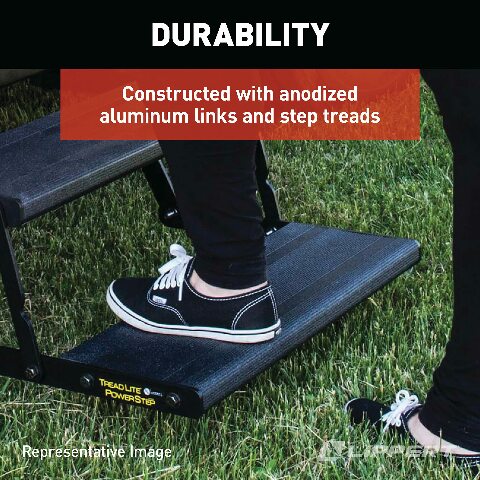 Lippert Components Tread Lite RV Power Steps - 24" Double Electric Foldout Step Configuration with LED Lighting, 8.5" Rise and Depth, Anti-Slip Coated Stepping Surface, Automatically Retracts - 353543