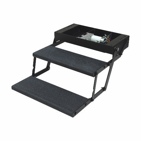 Lippert Components Tread Lite RV Power Steps - 24" Double Electric Foldout Step Configuration with LED Lighting, 8.5" Rise and Depth, Anti-Slip Coated Stepping Surface, Automatically Retracts - 353543