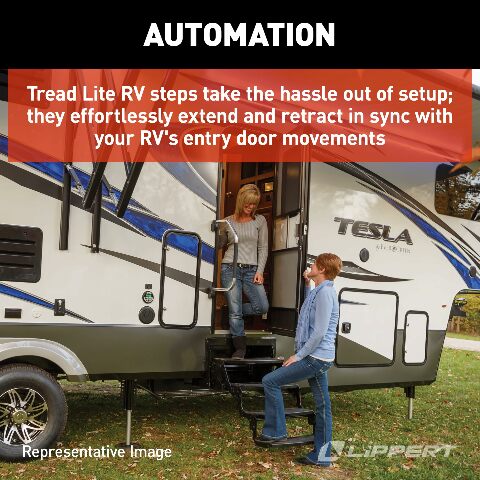 Lippert Components Tread Lite RV Power Steps - 24" Double Electric Foldout Step Configuration with LED Lighting, 8.5" Rise and Depth, Anti-Slip Coated Stepping Surface, Automatically Retracts - 353543