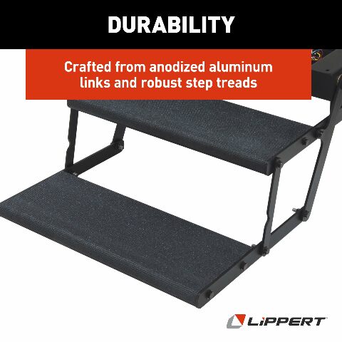Lippert Components Tread Lite RV Power Steps - 24" Double Electric Foldout Step Configuration with LED Lighting, 8.5" Rise and Depth, Anti-Slip Coated Stepping Surface, Automatically Retracts - 353543