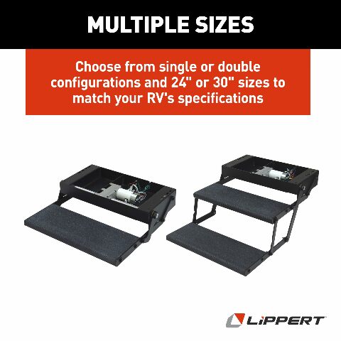 Lippert Components Tread Lite RV Power Steps - 24" Double Electric Foldout Step Configuration with LED Lighting, 8.5" Rise and Depth, Anti-Slip Coated Stepping Surface, Automatically Retracts - 353543