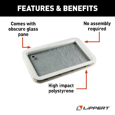 Lippert Components Replacement Inner & Outer Radius RV Entry Door Window Frame, White, with Seal and Glass Compatible with 5th Wheel RVs, Travel Trailers and Motorhomes, Obscure Pane, High-Impact Polystyrene - 363369