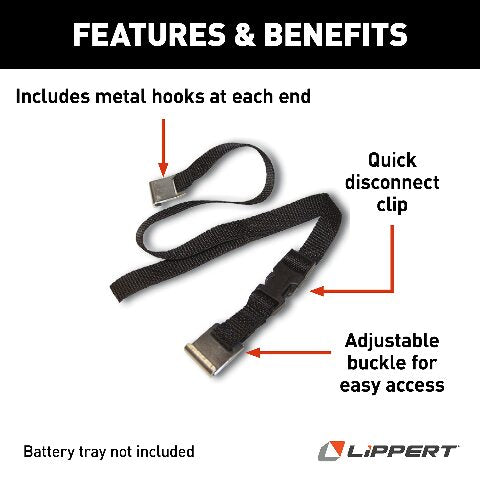 Kwikee Lippert RV Battery Tray Replacement Strap, 33" Long x 3/4" Width, Metal Hooks, Quick Disconnect Clip, Adjustable Buckle Compatible with Easy Access - 366510
