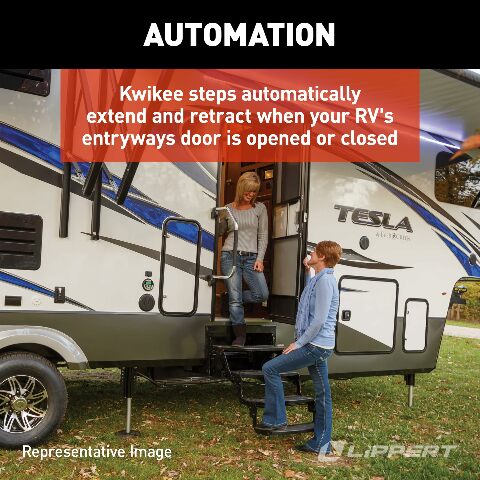 Kwikee 35 Series Electric Step Assembly, Logic Control Unit, Power Switch Kit Compatible with RV, Travel Trailers, Hidden Light, 8.5" Step Rise, Anti-Slip Surface, 12V DC Motor, Steel Construction - 3691461