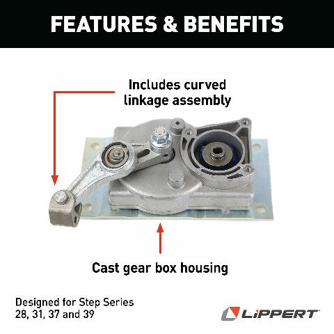Kwikee Replacement Electric RV Step Gear Box Linkage Assembly with B Compatible with Step Series 28, 31, 37 and 39, Cast Housing, 8.25" x 3.36" x 4.25" - 1101426