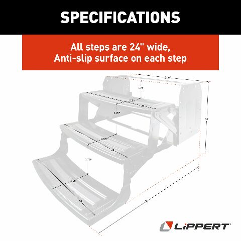 Lippert 24" Radius Triple Manual RV Steps, 9" Rise Compatible with 5th Wheel RVs, Travel Trailers and Motorhomes, Anti-Slip Stepping Surface - 1774401