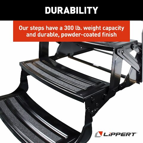Lippert 24" Radius Triple Manual RV Steps, 9" Rise Compatible with 5th Wheel RVs, Travel Trailers and Motorhomes, Anti-Slip Stepping Surface - 1774401