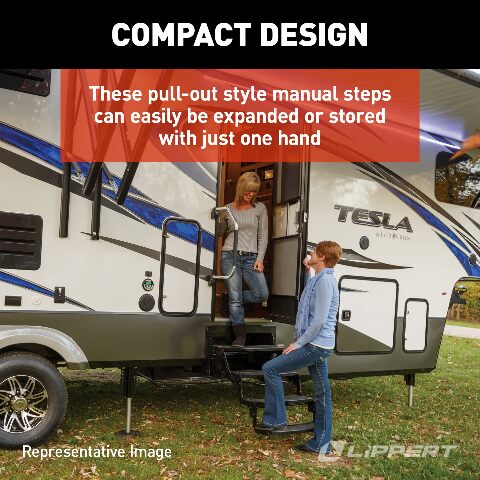 Lippert 24" Radius Triple Manual RV Steps, 9" Rise Compatible with 5th Wheel RVs, Travel Trailers and Motorhomes, Anti-Slip Stepping Surface - 1774401