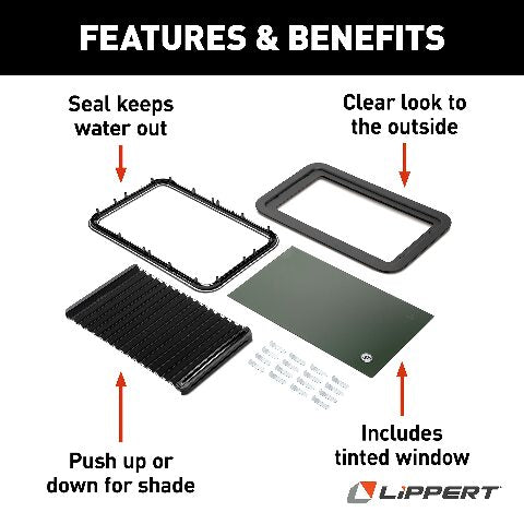 Lippert Components 806621 Thin Shade Complete Window Kit Compatible with RV Entry Doors, Black