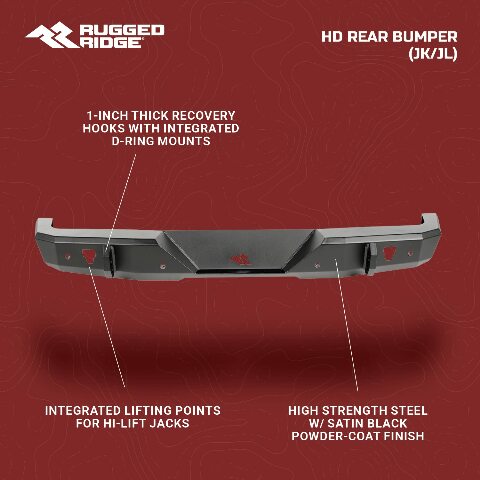 Rugged Ridge HD Bumper, Rear Compatible with Jeep Wrangler JL | Full-Width, Steel, Black | 11540.36 | Compatible with Jeep Wrangler JL 2018-2025