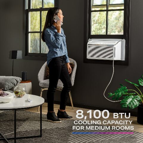 GE Profile Ultra Quiet Window Air Conditioner 8,200 BTU, WiFi Enabled, Ideal for Medium Rooms, Easy Installation with Included Kit, 8K Window AC Unit, White