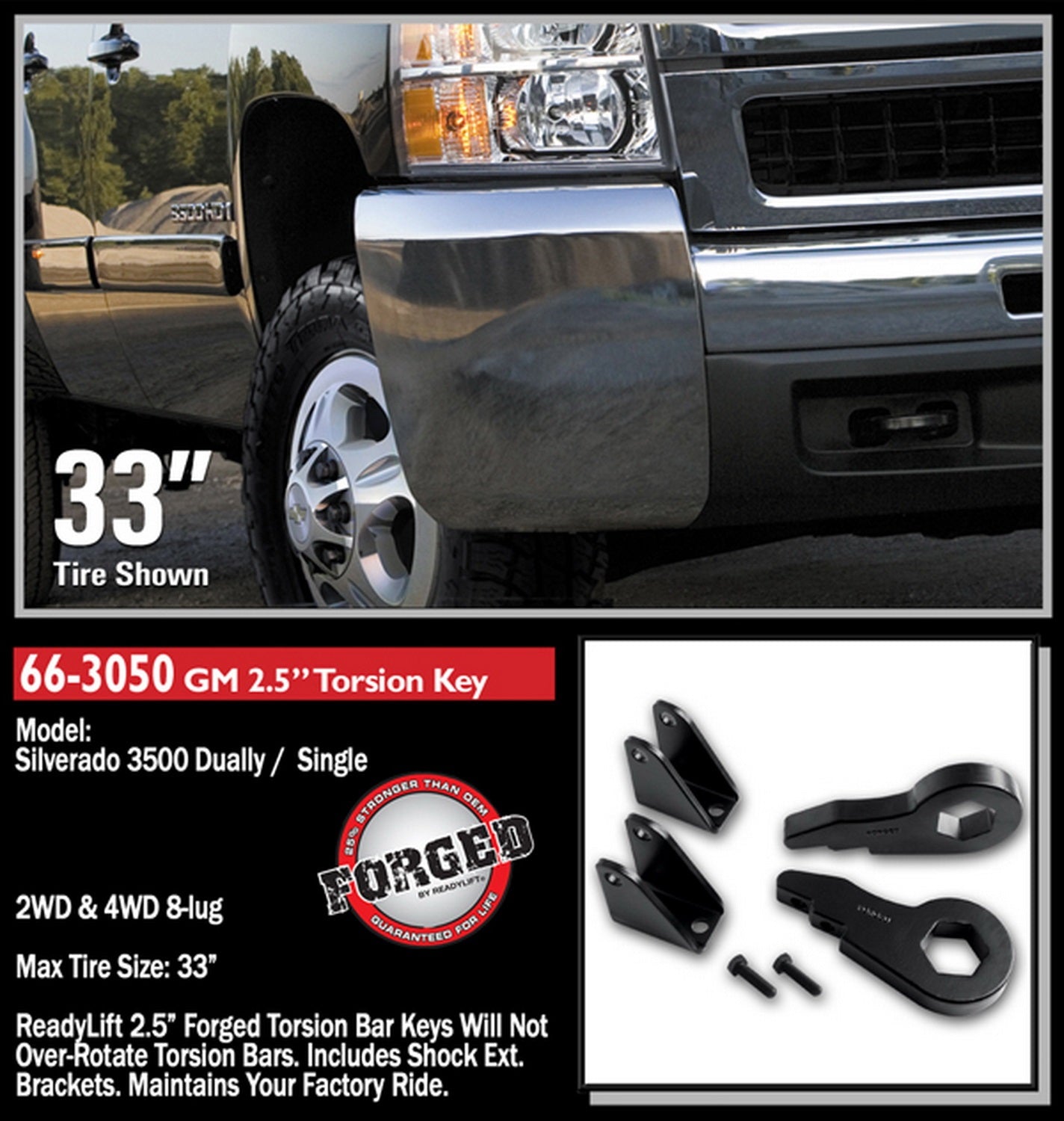 Readylift 66-3050 2.5" Front Leveling Kit W/ Forged Torsion Key - GM Full-Size Truck SUV 2000-2012, Black, For Tires Up to 33"