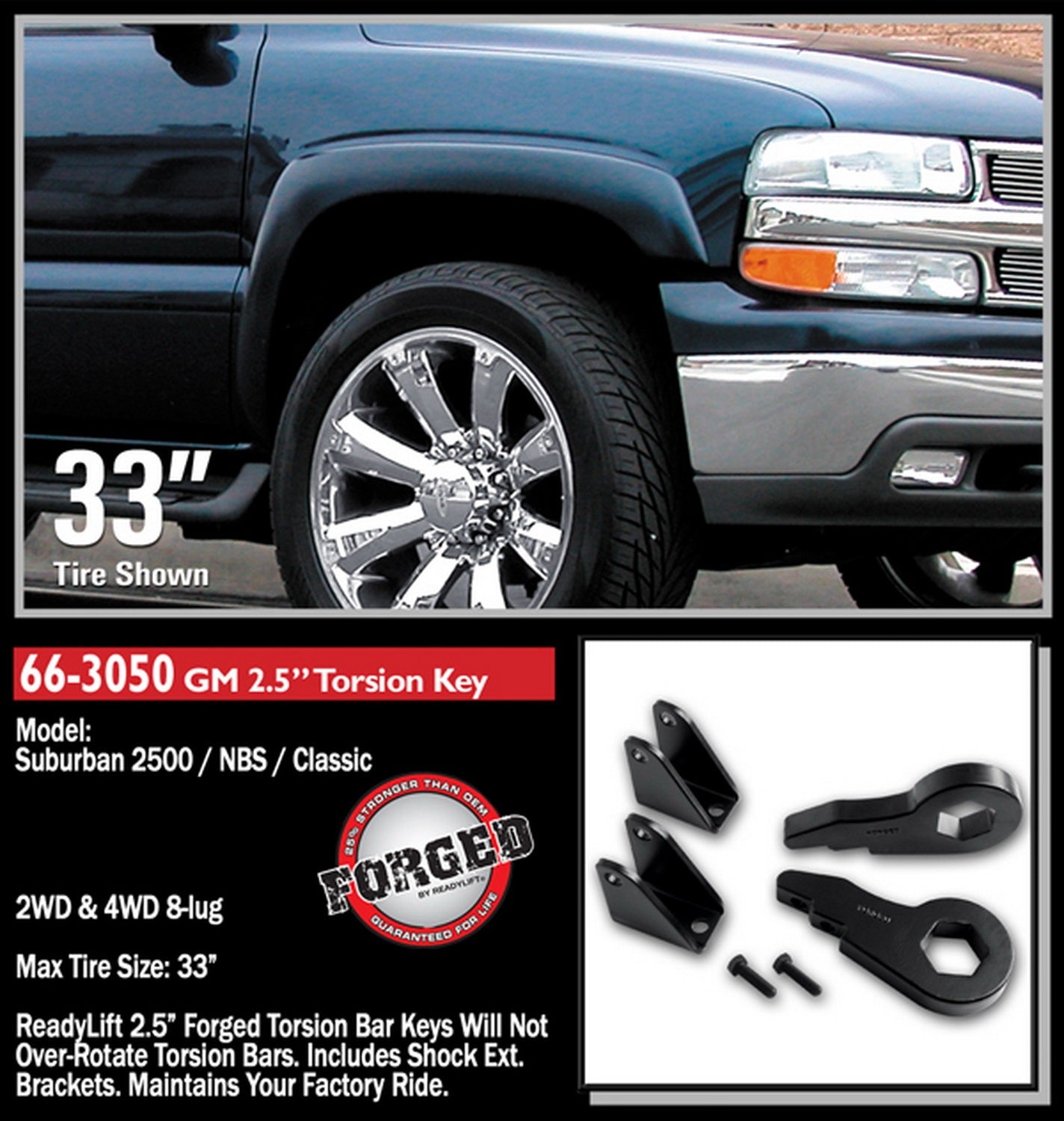 Readylift 66-3050 2.5" Front Leveling Kit W/ Forged Torsion Key - GM Full-Size Truck SUV 2000-2012, Black, For Tires Up to 33"