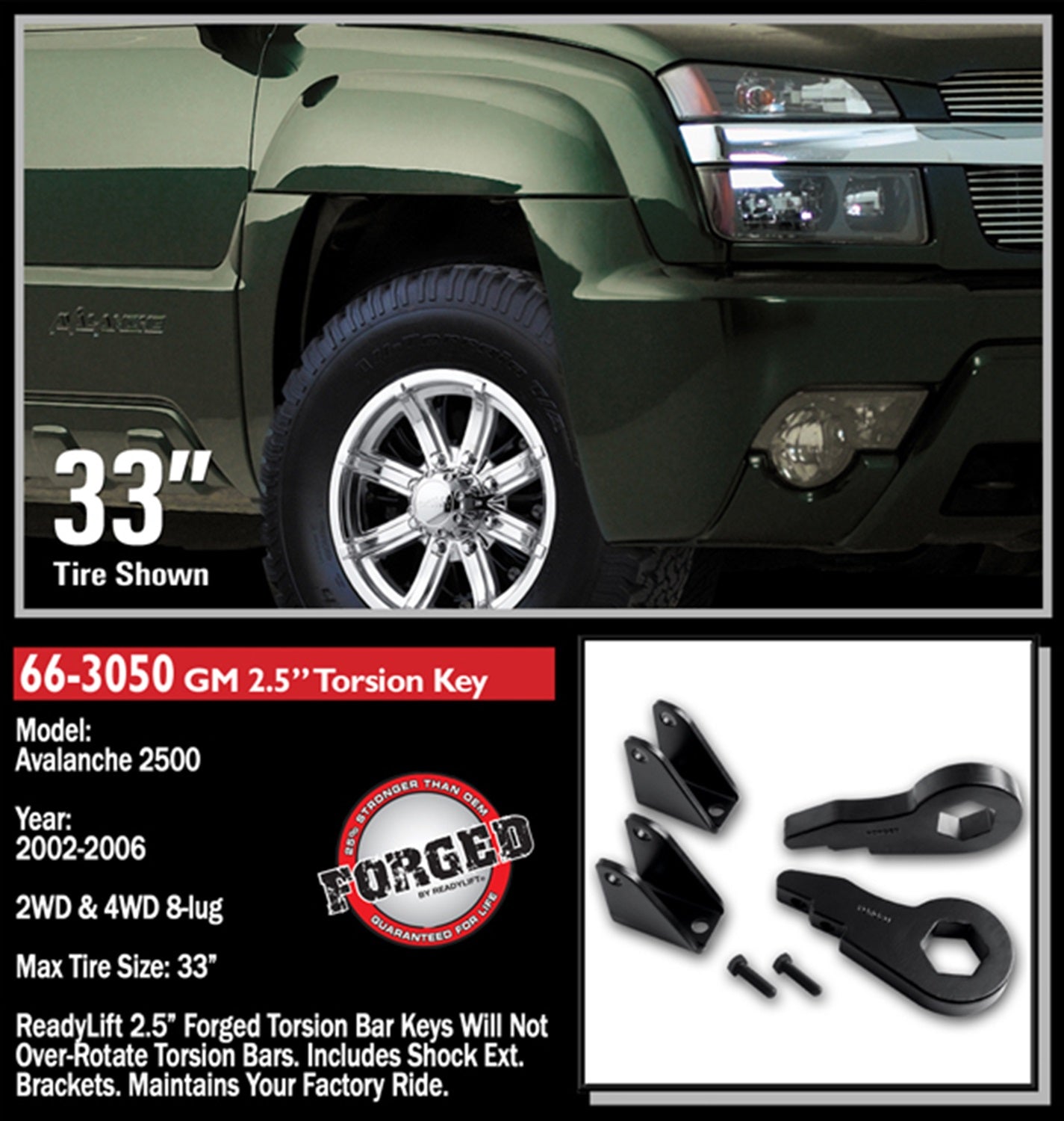 Readylift 66-3050 2.5" Front Leveling Kit W/ Forged Torsion Key - GM Full-Size Truck SUV 2000-2012, Black, For Tires Up to 33"